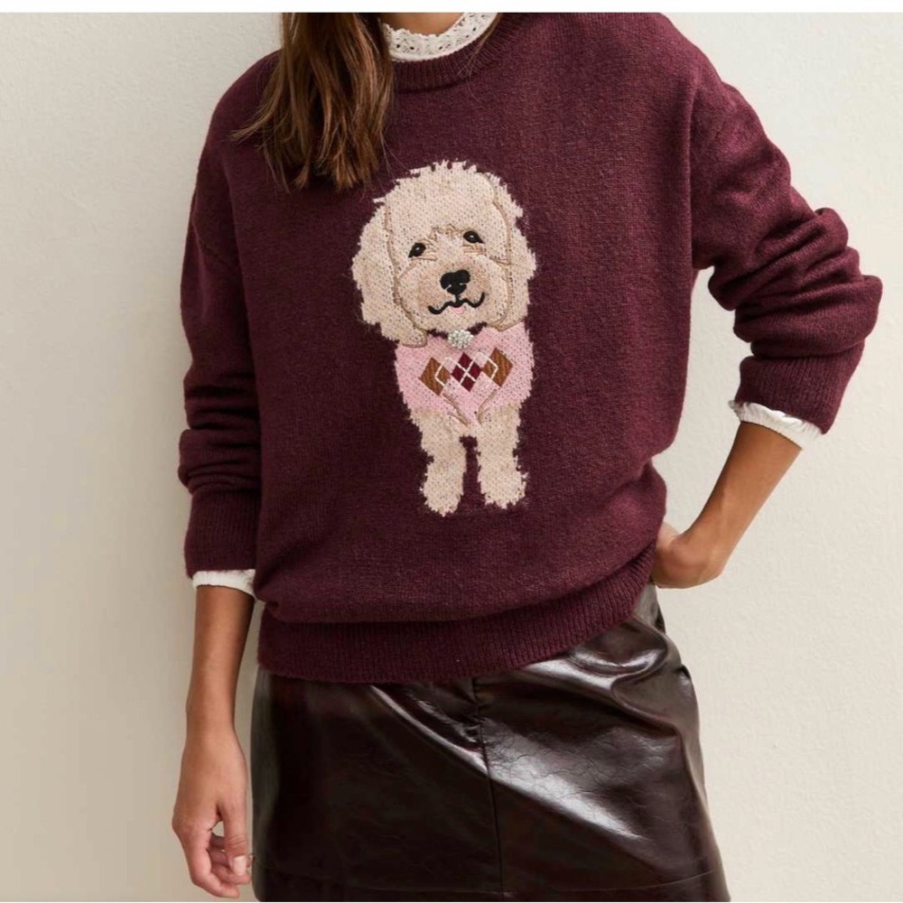 Maeve Burgundy Sweater with Dog Graphic